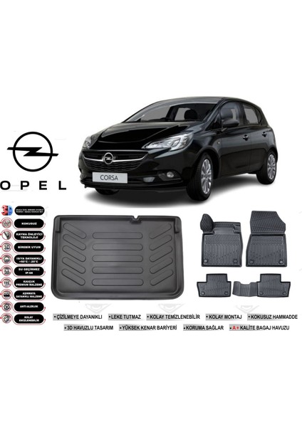 Opel Corsa E 2017 Model Bagaj Havuzu Araca Özel Siyah Kokusuz Havuzlu Paspas Takımı