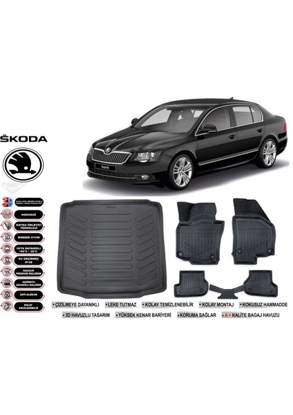 Skoda Superb 2014 Model Bagaj Havuzu Araca Özel Siyah Ekstra Havuzlu Paspas Takımı
