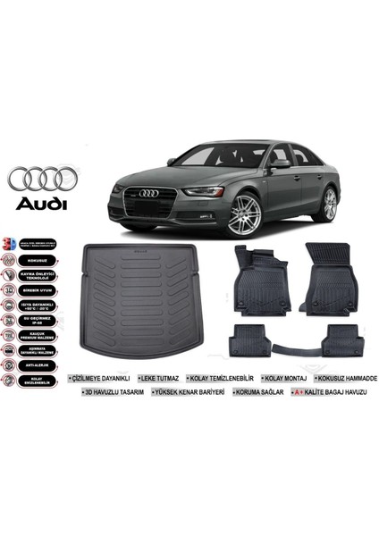 Audi A4 2013 Model Bagaj Havuzu Araca Özel Siyah Kokusuz Havuzlu Paspas Takımı