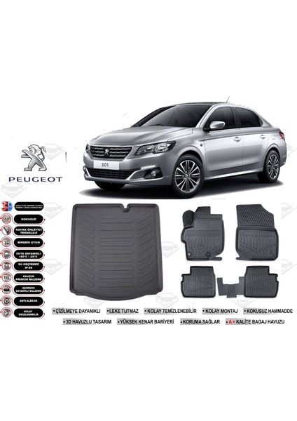 Peugeot 301 2025 Model Bagaj Havuzu Araca Özel Siyah Kokusuz Havuzlu Paspas Takımı