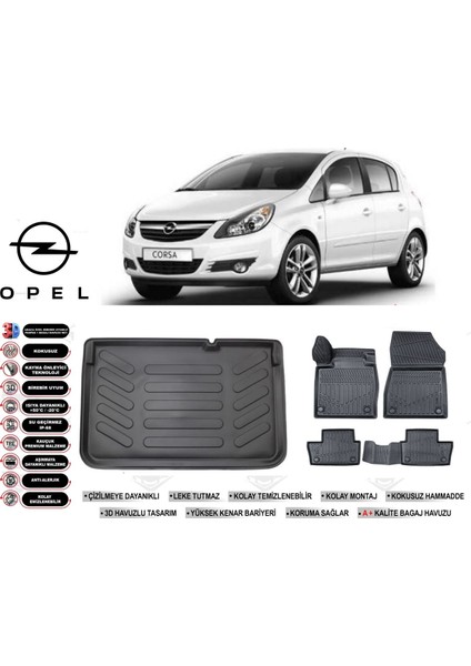 Opel Corsa D 2009 Model Bagaj Havuzu Araca Özel Siyah Kokusuz Havuzlu Paspas Takımı