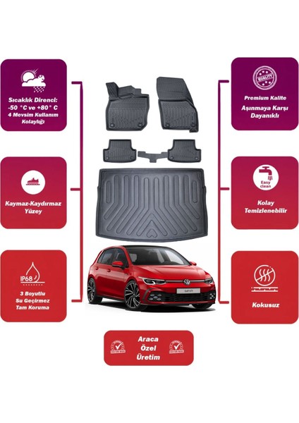Volkswagen Golf 8 2021 Model Üst Bagaj Havuzu+4d Araca Özel Havuzlu Paspas Takımıı Maxii