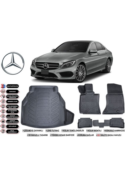 Mercedes C Serisi W205 2021 Model Plastik Bagaj Havuzu Araca Özel Siyah Extra Havuzlu Paspas Takımı