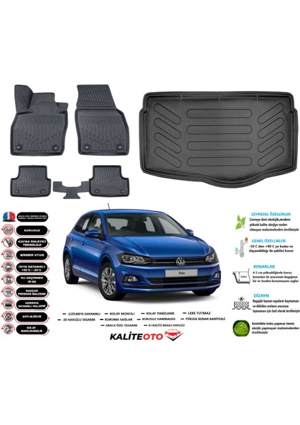 Volkswagen Polo 2021 Model Alt Esnek Bagaj Havuzu Araca Özel Siyah Paspas Takımı