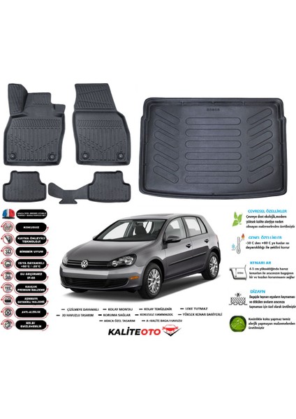 Volkswagen Golf 6 2012 Model Esnek Bagaj Havuzu Paspası Araca Özel Siyah Kokusuz Paspas Takımı
