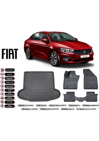 Fiat Egea Sedan 2017 Model Bagaj Havuzu Araca Özel Siyah Ekstra Havuzlu Paspas Takımı