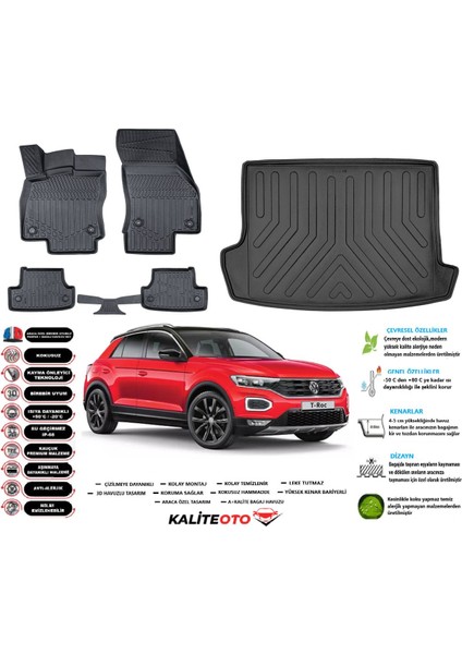 Volkswagen T-Roc 2020 Model Üst Esnek Bagaj Havuzu Araca Özel Siyah Paspas Takımı