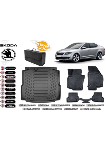 Skoda Octavia 2016 Model Bagaj Havuzu+Paspas Seti Profesyonel Serisi Hediyeli