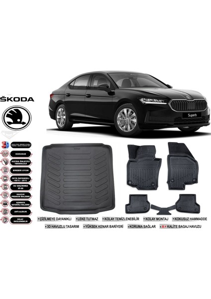 Skoda Superb 2025 Model Bagaj Havuzu Araca Özel Siyah Ekstra Havuzlu Paspas Takımı