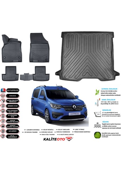Renault Express 2022 Model Esnek Bagaj Havuzu Araca Özel Siyah Paspas Takımı