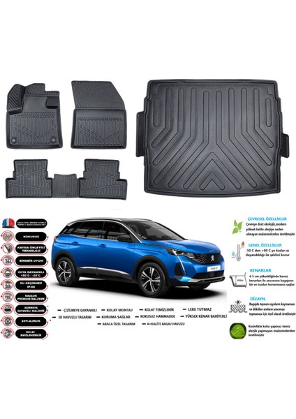 Peugeot 3008 2017 Model Üst Esnek Bagaj Havuzu Paspası Araca Özel Siyah Kokusuz Paspas Takımı