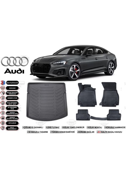 Audi A5 2024 Model Bagaj Havuzu Araca Özel Siyah Extra Havuzlu Paspas Takımı