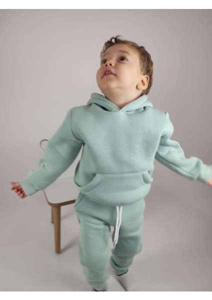 3 Iplik Şardonlu Kanguru Cepli ve Kapüşonlu Kız Erkek Unisex Çocuk Eşofman Takımı