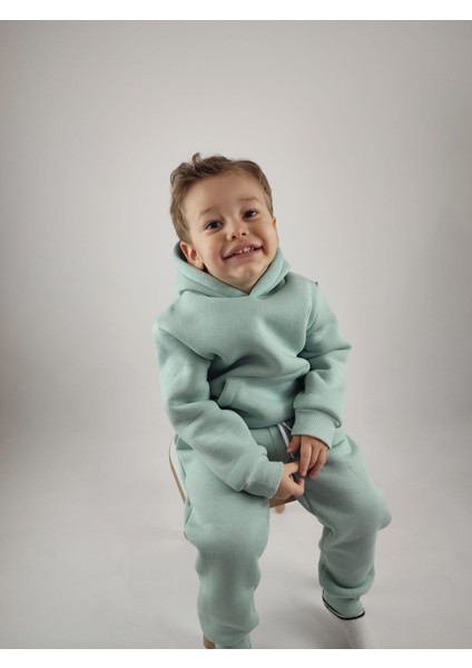 3 Iplik Şardonlu Kanguru Cepli ve Kapüşonlu Kız Erkek Unisex Çocuk Eşofman Takımı