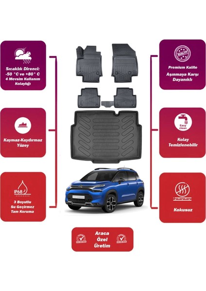 Citroen C3 Aircross 2023 Model Alt Bagaj Havuzu+4d Araca Özel Havuzlu Paspas Takımıı Maxii