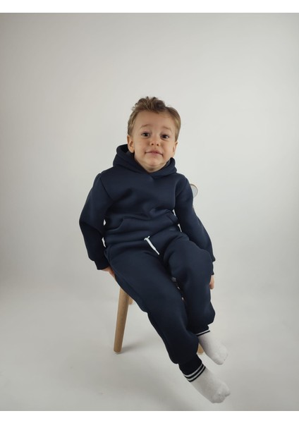 3 Iplik Şardonlu Kanguru Cepli ve Kapüşonlu Kız Erkek Unisex Çocuk Eşofman Takımı