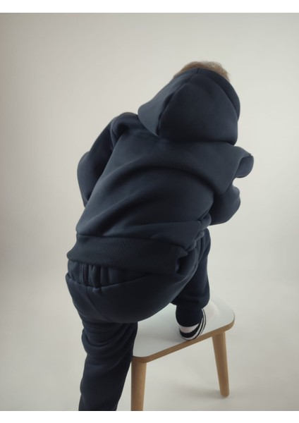 3 Iplik Şardonlu Kanguru Cepli ve Kapüşonlu Kız Erkek Unisex Çocuk Eşofman Takımı