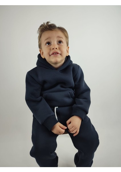 3 Iplik Şardonlu Kanguru Cepli ve Kapüşonlu Kız Erkek Unisex Çocuk Eşofman Takımı