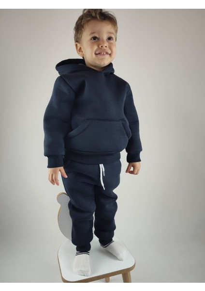 3 Iplik Şardonlu Kanguru Cepli ve Kapüşonlu Kız Erkek Unisex Çocuk Eşofman Takımı