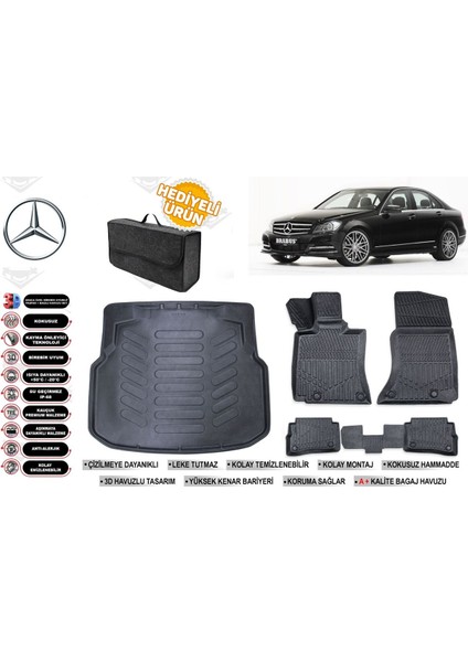 Mercedes C Serisi W204 2009 Model Plastik Bagaj Havuzu+Paspas Seti Profesyonel Serisi Hediyeli