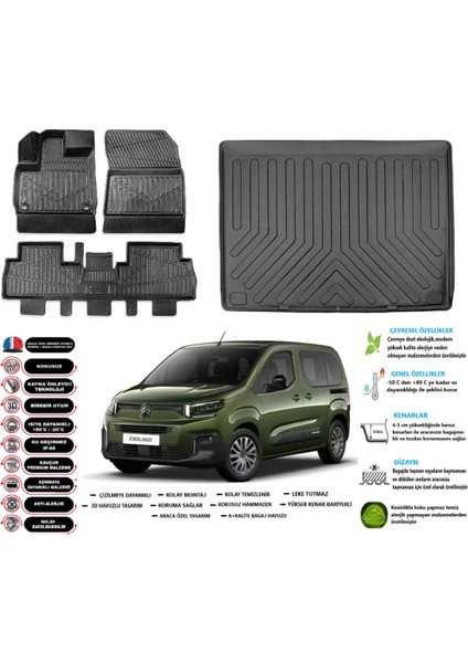 Citroen Berlingo 2025 Model Seperatörlü Esnek Bagaj Havuzu Araca Özel Siyah Paspas Takımı