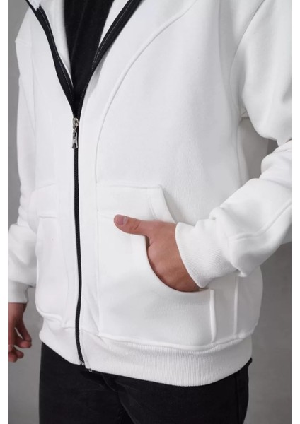 Samuray Kapşonlu Zıp Fermuarlı Çift Kapşonlu Nakışlı Sweatshirt- Beyaz fiyatları
