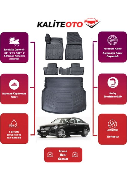 Mercedes C Serisi W204 2009 Model Rampalı Bagaj Havuzu+4d Araca Özel Havuzlu Paspas Takımıı Prs