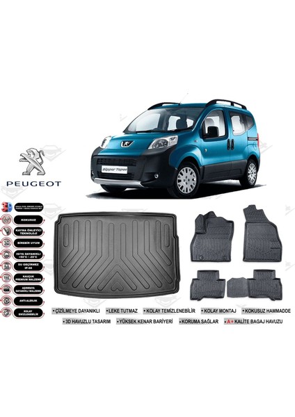 Peugeot Bipper 2019 Model Bagaj Havuzu Araca Özel Siyah Ekstra Havuzlu Paspas Takımı