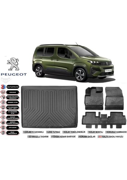 Peugeot Rifter 2025 Model Seperatörlü Bagaj Havuzu Araca Özel Siyah Ekstra Havuzlu Paspas Takımı
