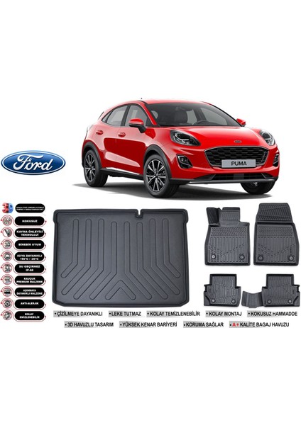 Ford Puma 2023 Model Alt Bagaj Havuzu Araca Özel Siyah Ekstra Havuzlu Paspas Takımı