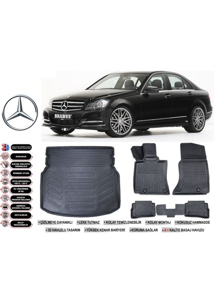 Mercedes C Serisi W204 2011 Model Rampalı Bagaj Havuzu Araca Özel Siyah Extra Havuzlu Paspas Takımı