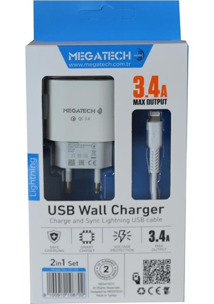 Cc-03 (MT-CL34) 3.4A Lightning USB Kablo + Ev Şarj Adaptörü Hızlı Şarj