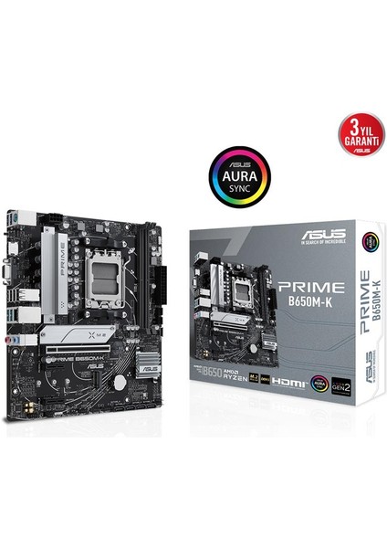 Prıme B650M-K Amd B650 Am5 Ddr5 6400 Dp VGA 2x M2 Usb3.2 Aura Rgb 2.5gbit Lan Matx 96GB’A Kadar Ram Desteği, Asus 5x Protectıon Iıı