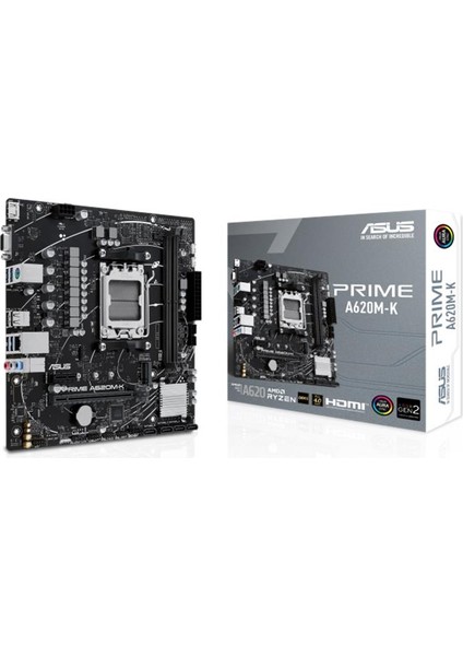 Prıme A620M-K Amd A620 Am5 Ddr5 6400 HDMI VGA M2 Usb3.2 Aura Rgb Matx 96GB’A Kadar Ram Desteği, Asus 5x Protectıon Iıı