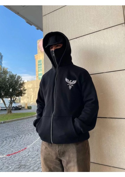Samuray Kapşonlu Zıp Fermuarlı Kapşonlu Sweatshirt - Siyah indirimleri
