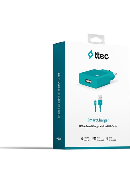 2SCS20MTZ Smartcharger 2.1A Seyahat Şarj Aleti + Micro USB Kablo,turkuaz