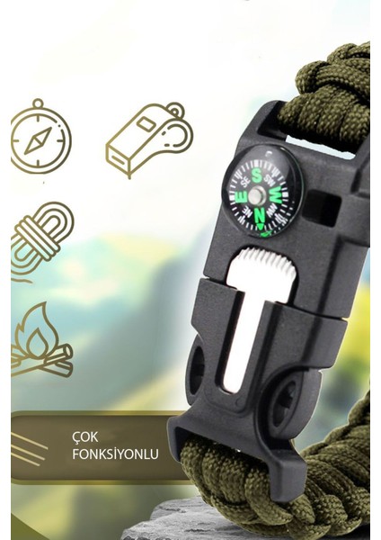 Survıval Pusulalı Hayatta Kalma Bilekliği Kamp Bileklik Düdük Çok Amaçlı Outdoor Aksesuar Kit