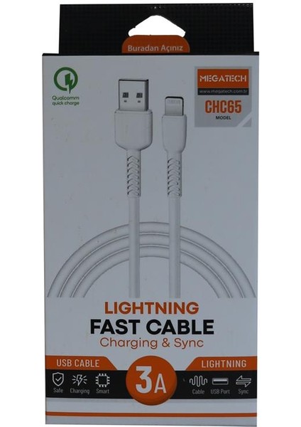 CHC65 3.0A 1mt Lightning Beyaz Şarj Kablosu