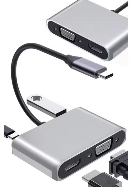 Type-C HDMI VGA USB 3.0 Dönüştürücü 4 In 1 Video Dönüştürücü Çoklu Type-C Monitör Dönüştürücü