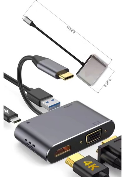 Type-C HDMI VGA USB 3.0 Dönüştürücü 4 In 1 Video Dönüştürücü Çoklu Type-C Monitör Dönüştürücü