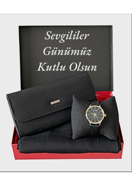 Sevgililer Günü Kadın Siyah Kol Saati-Penye Şal -Carlino Cüzdan