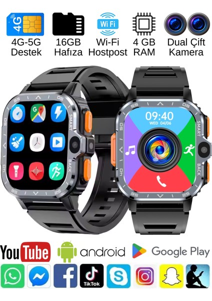 Watch PG Ultra Siyah 4G LTE 16GB Sim Kartlı Kameralı Akıllı Saat Wi-Fi Çocuk Huawei İphone Uyumlu 8-9-10