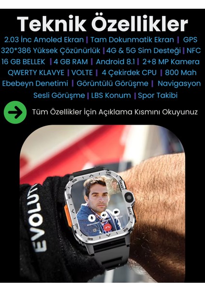 Watch PG Ultra Siyah 4G LTE 16GB Sim Kartlı Kameralı Akıllı Saat Wi-Fi Çocuk Huawei İphone Uyumlu 8-9-10