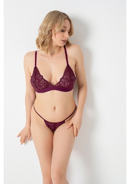 Bordo Lastikli Dantel İç Çamaşırı Takımı