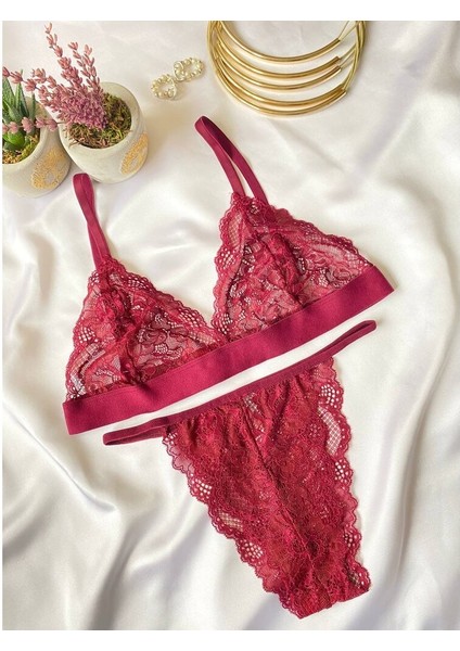Bordo Lastikli Dantel İç Çamaşırı Takımı fırsatları