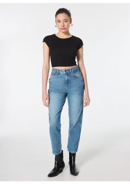 Yüksek Bel Dar Paça Relaxed Mavi Kadın Denim Pantolon W246027XT Mid Blue Jean Pantolon