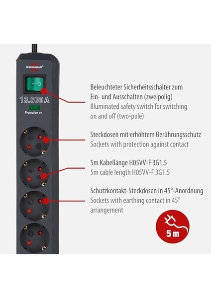 Eco Serisi 6'lı Grup Priz Yüksek Gerilim Korumalı (Anahtar ve 5 m Kabloyla Birlikte Özellikle Elektrik Tasarrufu Sağlar) Renk: Antrasit