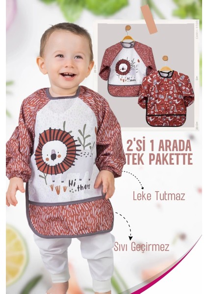 Safari Aslan Desenli 2'li Kombin Kollu Mama Önlüğü