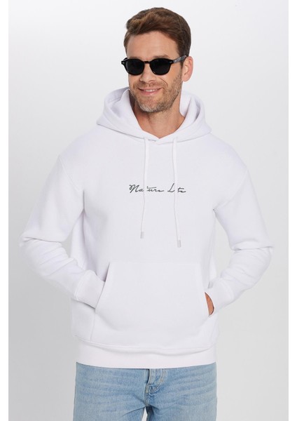 Unisex Oversize Geniş Kesim Pamuklu Yumuşak Dokulu İçi Polarlı Baskılı Beyaz Kapüşonlu Sweatshirt fiyatları
