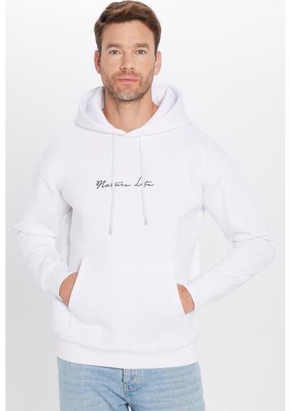 Unisex Oversize Geniş Kesim Pamuklu Yumuşak Dokulu İçi Polarlı Baskılı Beyaz Kapüşonlu Sweatshirt fırsatları